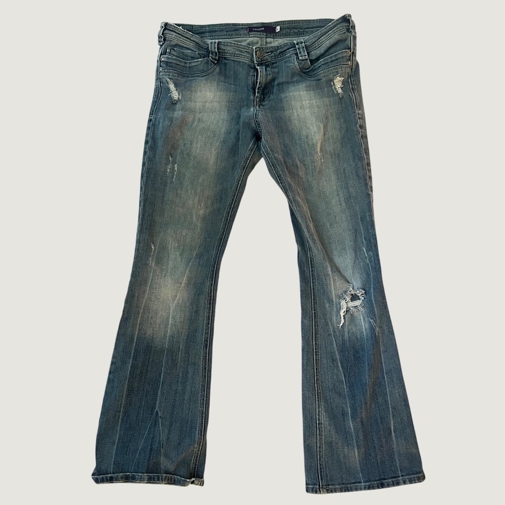 Vigoss Bootcut Jeans Medium Wash Distressed Embellished Low Rise -11